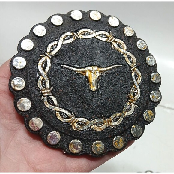 Western Set of 4 Coasters Longhorn Barbed Wire Belt Look Holder Leather Look - Picture 5 of 11